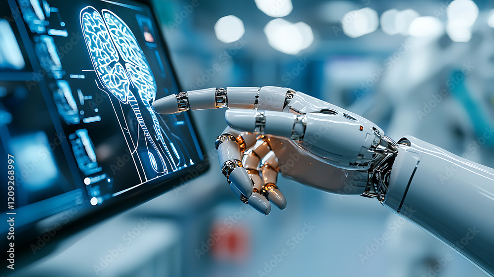 Poster robotic hand interaction with digital display modern laboratory technology showcase futuristic envir
