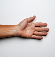 A man indicating something with his finger on a plain white background, close-up shot of his hand