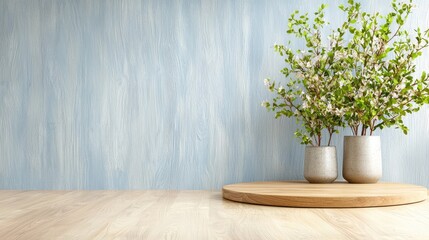 Wooden platform with flowering plants against blue wall; home decor, website banner