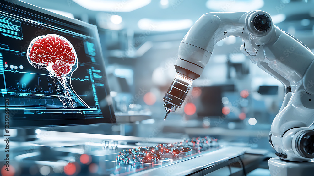 Poster robotic arm analyzing neural data in a high-tech laboratory science environment futuristic viewpoint