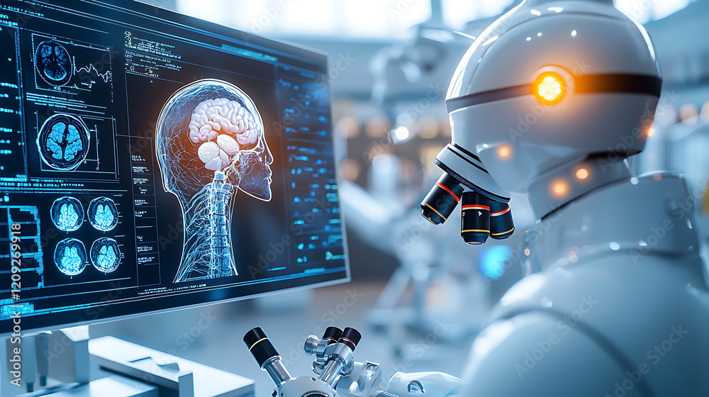 Poster robot analyzes brain data high-tech lab digital art futuristic environment close-up view ai and neur