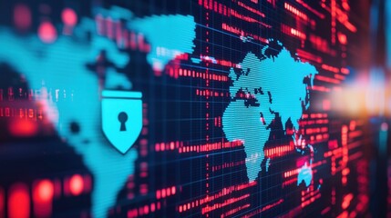 Obraz premium Luminous Global Cybersecurity Shields and Digital Data Network Visualization