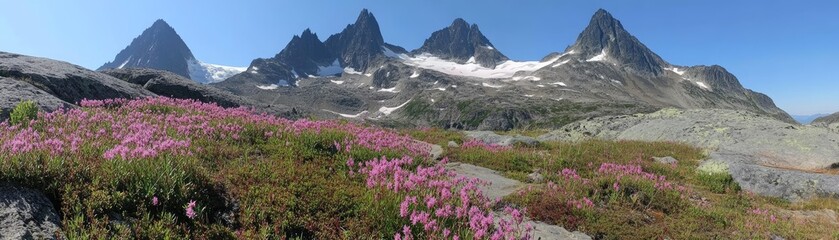 Fototapeta premium Mountain wildflowers, glacier backdrop, summer hike. Travel poster
