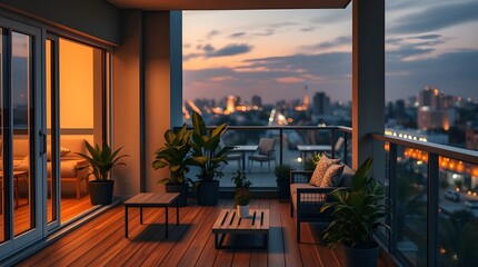 Sunset casts a warm glow over a city skyline, seen through a large window in a luxurious home's living room, where a comfortable chair invites you to enjoy the breathtaking view