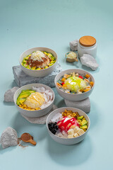 dessert bowls with light blue background