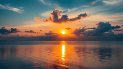 Serene sunset over calm ocean waters, vibrant colors paint the sky with dramatic clouds, creating a breathtaking landscape.