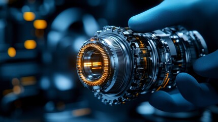 Close-up of a technician's hand holding a futuristic mechanical component in a high-tech environment