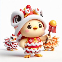 3D Adorable cartoon chicken in a lion dance costume
