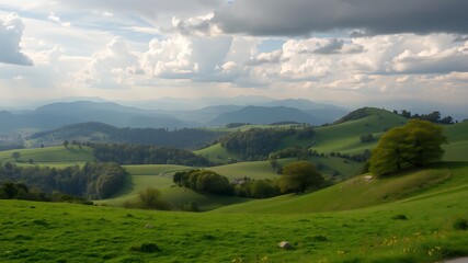 Fototapeta premium Serene rolling green hills landscape with lush meadows and distant mountains under a cloudy sky, idyllic rural scene.