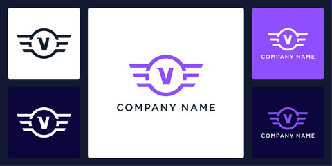 V letter logo and icon with circle and wings, vector template
