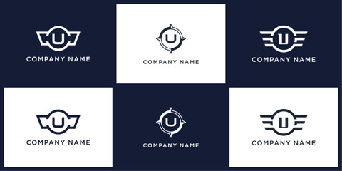 U letter logo set with compass, wing, and ring, editable vector bundle