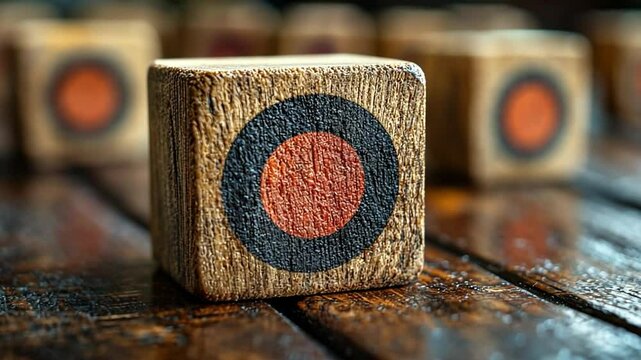 Vintage Target Blocks:  A closeup of a wooden block with a red and black target painted on it. The block sits on a rustic wooden surface.