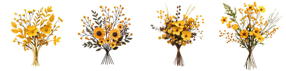 Fototapeta premium Stunning autumn floral bouquet arrangement featuring yellow and orange flowers leaves and branches Vibrant natural centerpiece perfect for Thanksgiving harvest festivals or seasonal home decor