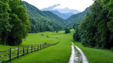 Serene valley path, green fields, mountain backdrop; idyllic nature scene for travel brochures