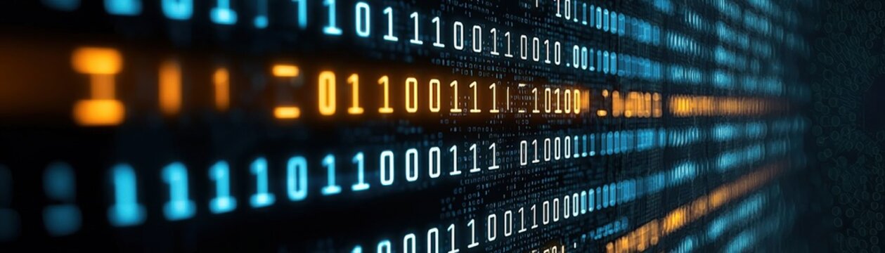 A close-up view of binary code displayed in vibrant colors, symbolizing data processing and digital technology.