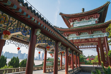 Fototapeta premium The ancient building Tengwang Pavilion and urban scenery in Nanchang, Jiangxi Province, China, on July 12, 2023