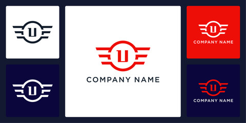 U letter logo and icon with circle and wings, vector template