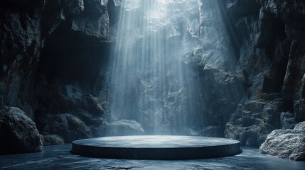 Minimalist Stage Design with Circular Platform and Abstract Stone Background for Showcase Display