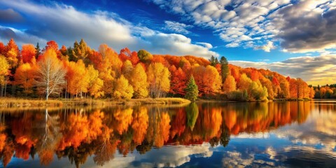 Naklejka premium Autumnal Forest Reflecting in Calm Water, a Serene Landscape of Vibrant Colors and Cloud-Streaked Sky