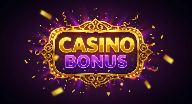 Game concept. Casino Bonus label frame, golden banner, border winner, Vegas game. illustration