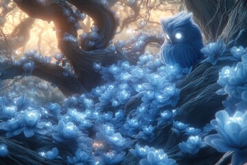 Enchanted forest: A luminous owl rests amidst glowing blue flowers, bathed in soft light.