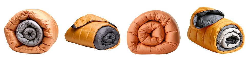 Outdoor equipment collection. Four rolled sleeping bags in vibrant colors, neatly arranged side by side.