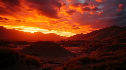 Naklejka premium Fiery sunset over rolling hills and grasslands in a dramatic mountain landscape, painting the sky with vivid orange and red hues, creating a breathtaking natural scene.