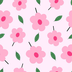 Seamless pattern with pink flowers and leaves. Hand drawn floral pattern for your fabric, summer background, wallpaper, backdrop, textile. Vector illustration