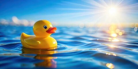A cheerful yellow rubber duck afloat on a tranquil blue water surface, bathed in the warm glow of a sunny day.