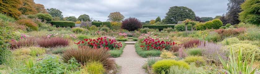 Serene autumn garden path, colorful plants, tranquil background.  Perfect for relaxation, travel, or nature themes