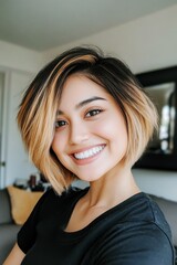 Fototapeta premium selfie photo of smiling woman showcasing a golden ombre short layered haircut with seamless transition from dark roots to blonde ends