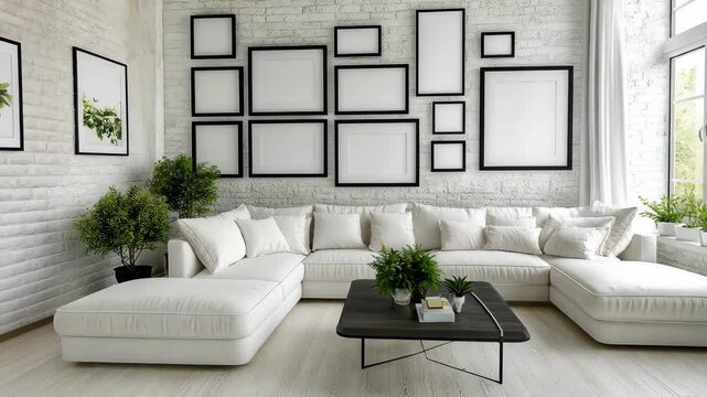 Bright and minimalist living room design with a large sectional sofa and empty picture frames