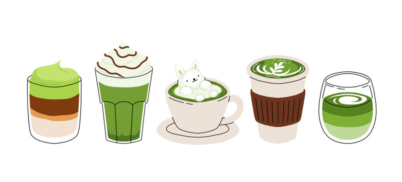 Set of Japan matcha latte. Collection of matcha drinks with latte art heart, leaf, bear, cat. Green iced matcha latte in various cups. Vector Illustration, flat cartoon Icons.