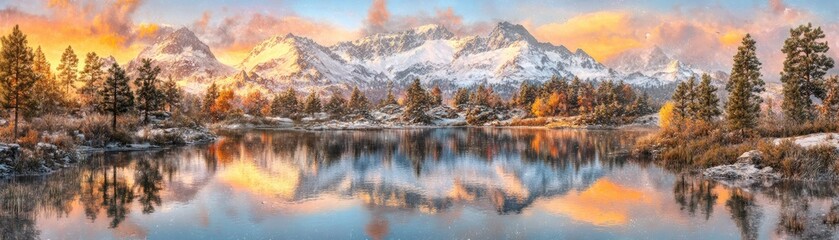 Obraz premium Autumnal lake reflecting snowy mountains at sunrise; serene nature scene