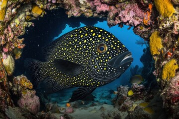 A striking spotted fish peers from a vibrant coral reef crevice, showcasing its unique markings against the underwater backdrop.