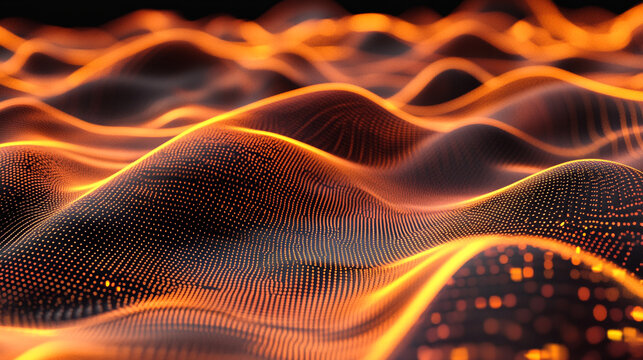 Digital artwork of a surreal landscape featuring luminous wave-like shapes illuminated under a vibrant sunset gradient. The dynamic colors and ethereal mood convey creativity, energy, and innovation.