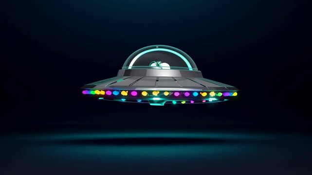 Mysterious flying saucer hovers with colorful lights in an illuminated space setting