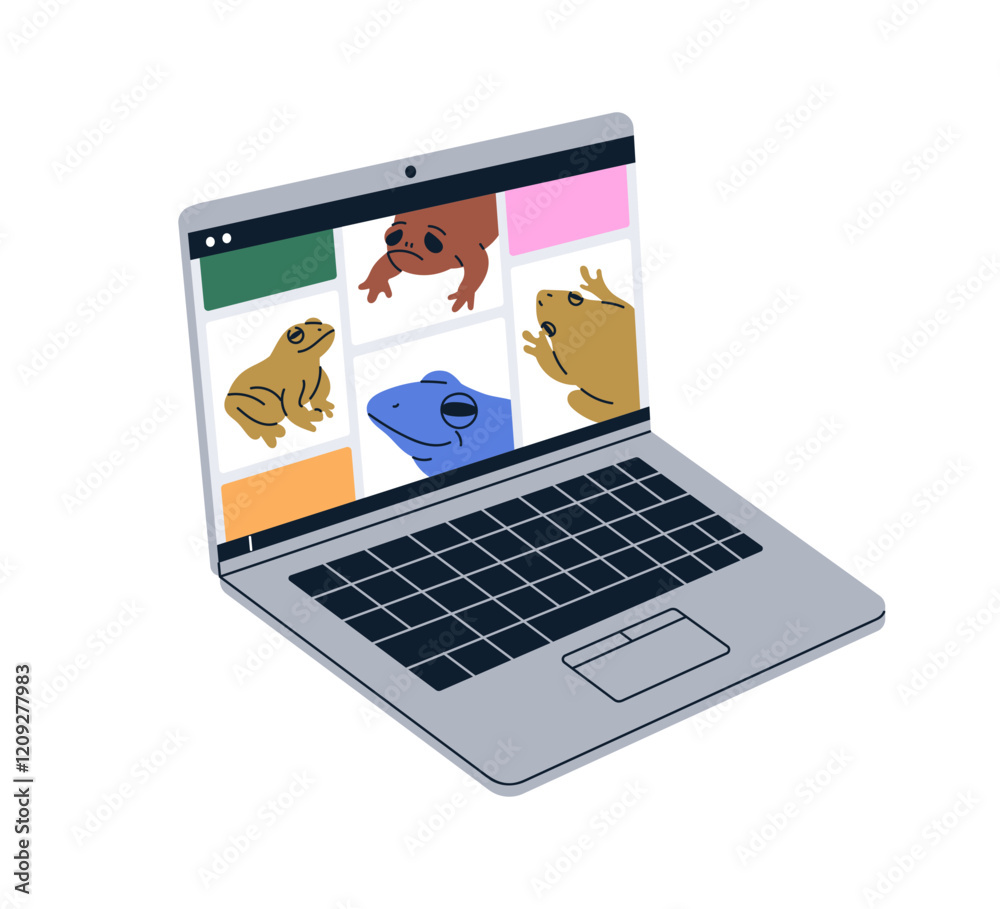 Aufkleber Laptop computer, digital screen displaying internet content, pictures. PC with keyboard for browsing web-site online, searching by image. Flat vector illustration isolated on white background
