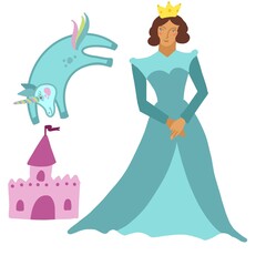 Fairytale illustration with princess, castle, unicorn, and stars