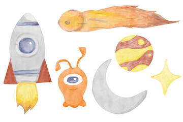 Watercolor Set Collection with Space Illustrations: Comet, Planet, Star, Moon, Rocket, Alien, for Print, Textile, Postcards, Web