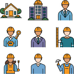 Construction icons set. Building, engineer, architect, construction worker, engineer, builder, engineer, engineer, architect. Vector illustration