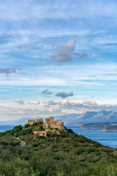 Tsitsiris castle in Mani Peninsula with mountains