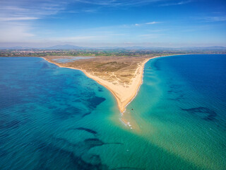 Epanomi Sandbar beach drone aerial view on Tsairi park