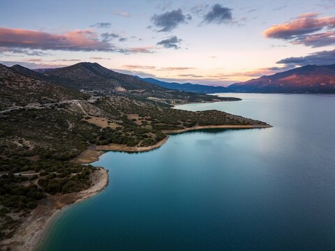 Lake Polyfyto mountain landscape drone aerial view in Greece