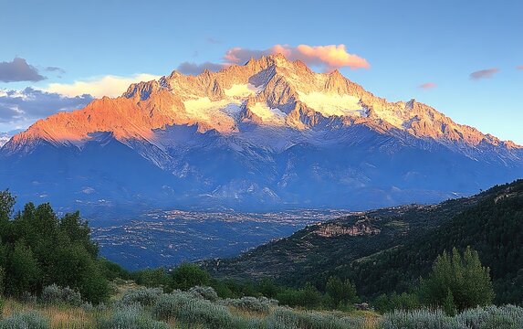 Majestic sunset illuminates snow-capped mountain range. - Powered by Adobe