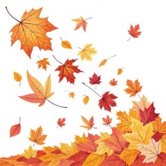 Autumn Leaves Composition Falling and Piled Maple Leaves, White Background, Autumn Colors, Fall Foliage Autumn, Maple Leaf