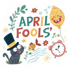 Naklejka premium April Fool's Day Illustration Colorful Cartoon Composition with Cat, Fish, and Clock, AprilFoolsDay, HolidayIllustration