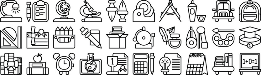 Vector monochrome line icon set for back-to-school
