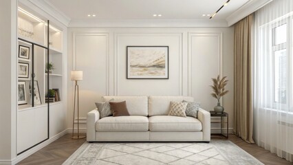 Beige Living Room Interior Design Classic Sofa, Abstract Art, and Built-in Shelving, interior design, home decor Interior Design, Living Room