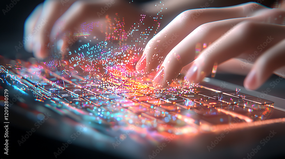 Poster digital innovation event keyboard typing virtual environment high-tech concept close-up view for enh